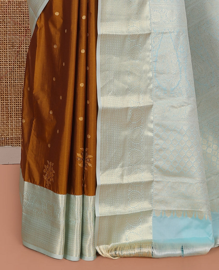 Mustard Budget Silk Saree, Subtly Enriched with Zari Buttas on Its Body, Complemented by a Contrast Traditional Zari Design Border, Grand Pallu, and Paired with a Contrast Blouse