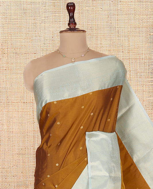 Mustard Budget Silk Saree, Subtly Enriched with Zari Buttas on Its Body, Complemented by a Contrast Traditional Zari Design Border, Grand Pallu, and Paired with a Contrast Blouse