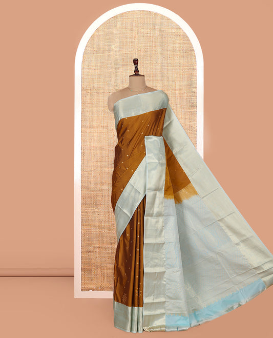 Mustard Budget Silk Saree, Subtly Enriched with Zari Buttas on Its Body, Complemented by a Contrast Traditional Zari Design Border, Grand Pallu, and Paired with a Contrast Blouse
