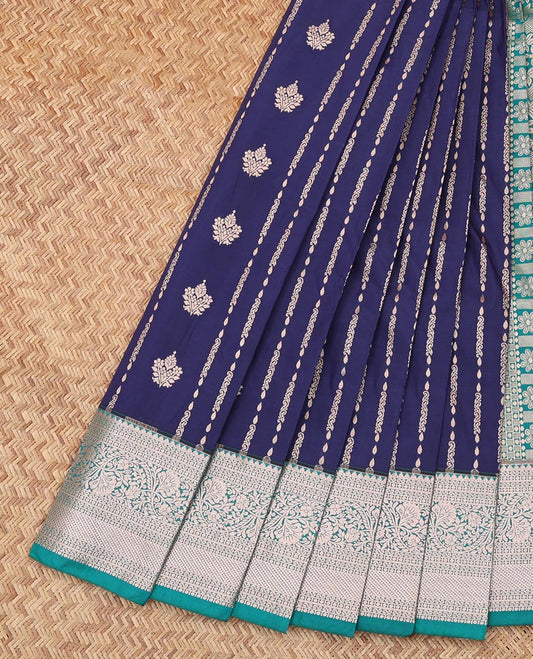 Navy Blue Budget Silk Saree, Spotlighted with Zari Stripes, Complemented by Contrast Traditional Zari Border, an Intricate Pallu and a Contrast Blouse