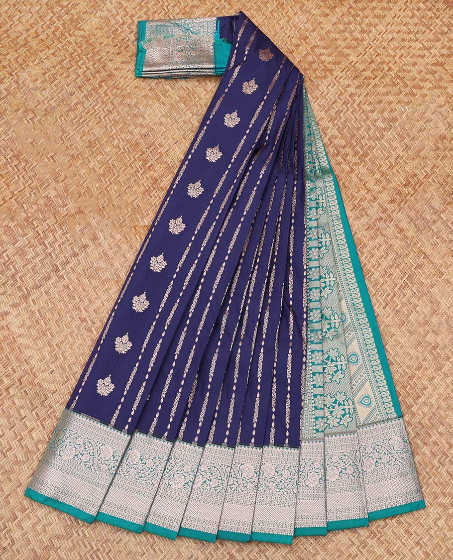 Navy Blue Budget Silk Saree, Spotlighted with Zari Stripes, Complemented by Contrast Traditional Zari Border, an Intricate Pallu and a Contrast Blouse