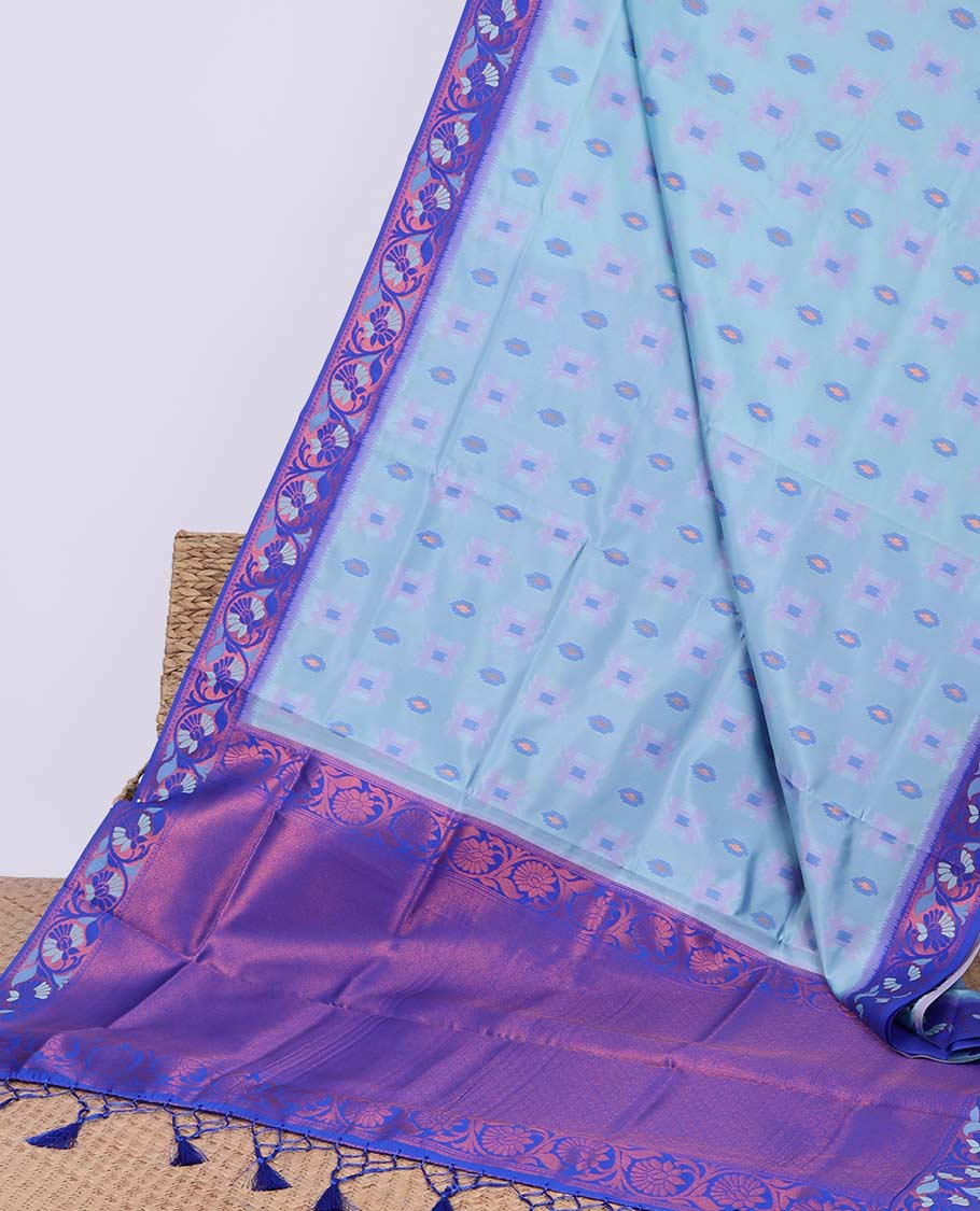 Blue ikkat geometric motifs butter silk saree with contrast floral zari border & intricate floral zari pallu