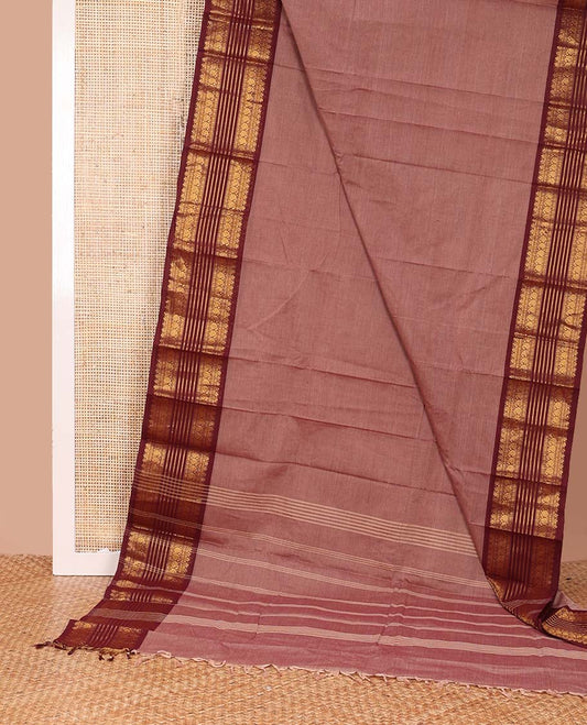 Peach plain design chettinad cotton saree, contrast traditional motifs zari woven border, and striped pallu