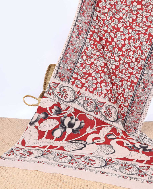 Red floral vine machine-printed kalamkari cotton saree, floral border & pallu of floral & swam motifs