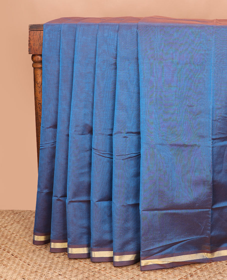 Blue plain poly cotton saree, piping border, and striped pallu