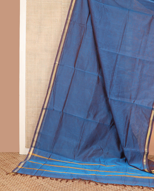 Blue plain poly cotton saree, piping border, and striped pallu