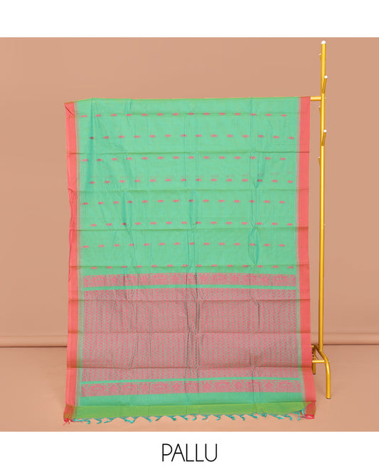 Green Kanchi Cotton Saree, Ornamented with Buttas All Over Its Body, Complemented by a Contrast Border, Pallu of Geometric Designs, and Paired with a Matching Blouse