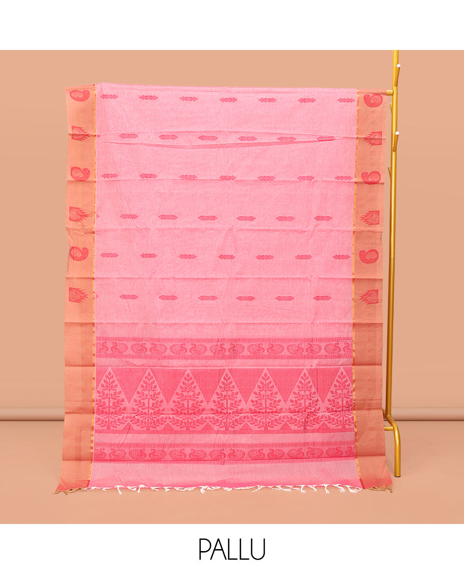 Pink Kanchi Cotton Saree, Adorned with Buttas, Contrast Paisley and Temple Design Border, Pallu of Floral and Peacock Design, and a Matching Blouse