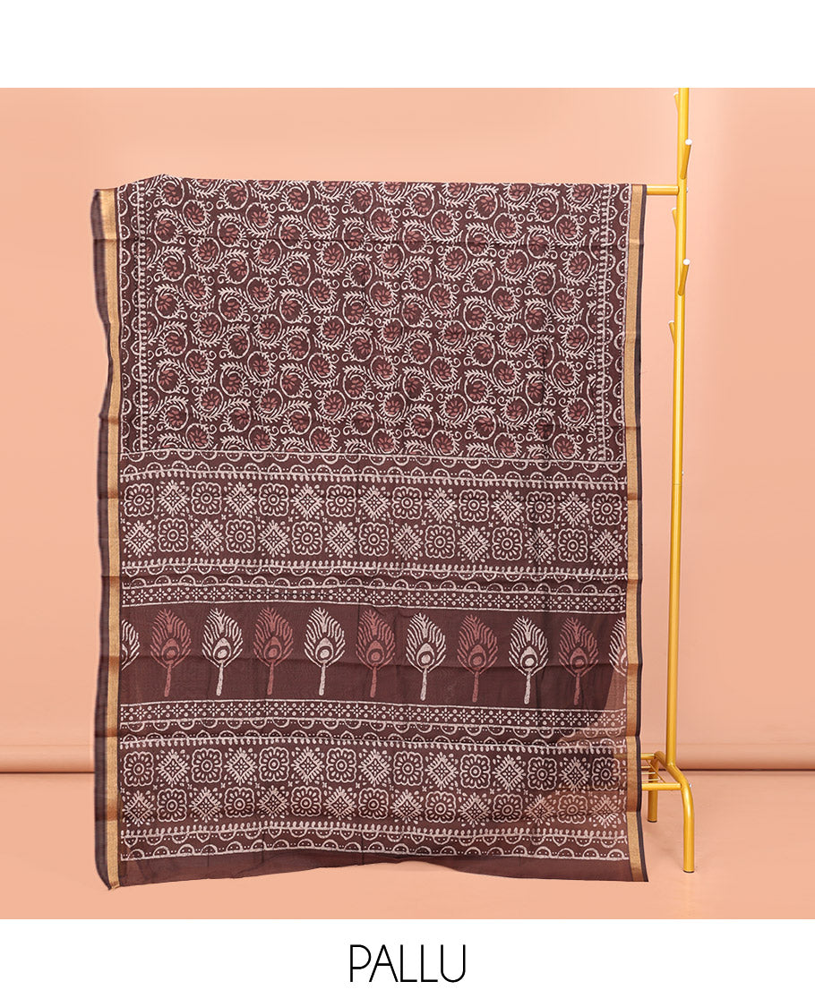 Brown Kanchi Cotton Saree, Decked Up with Floral Print All Over Its Body, a Subtle Self-Border, Pallu of Block Printed Geometric Designs, and Paired with a Contrast Blouse