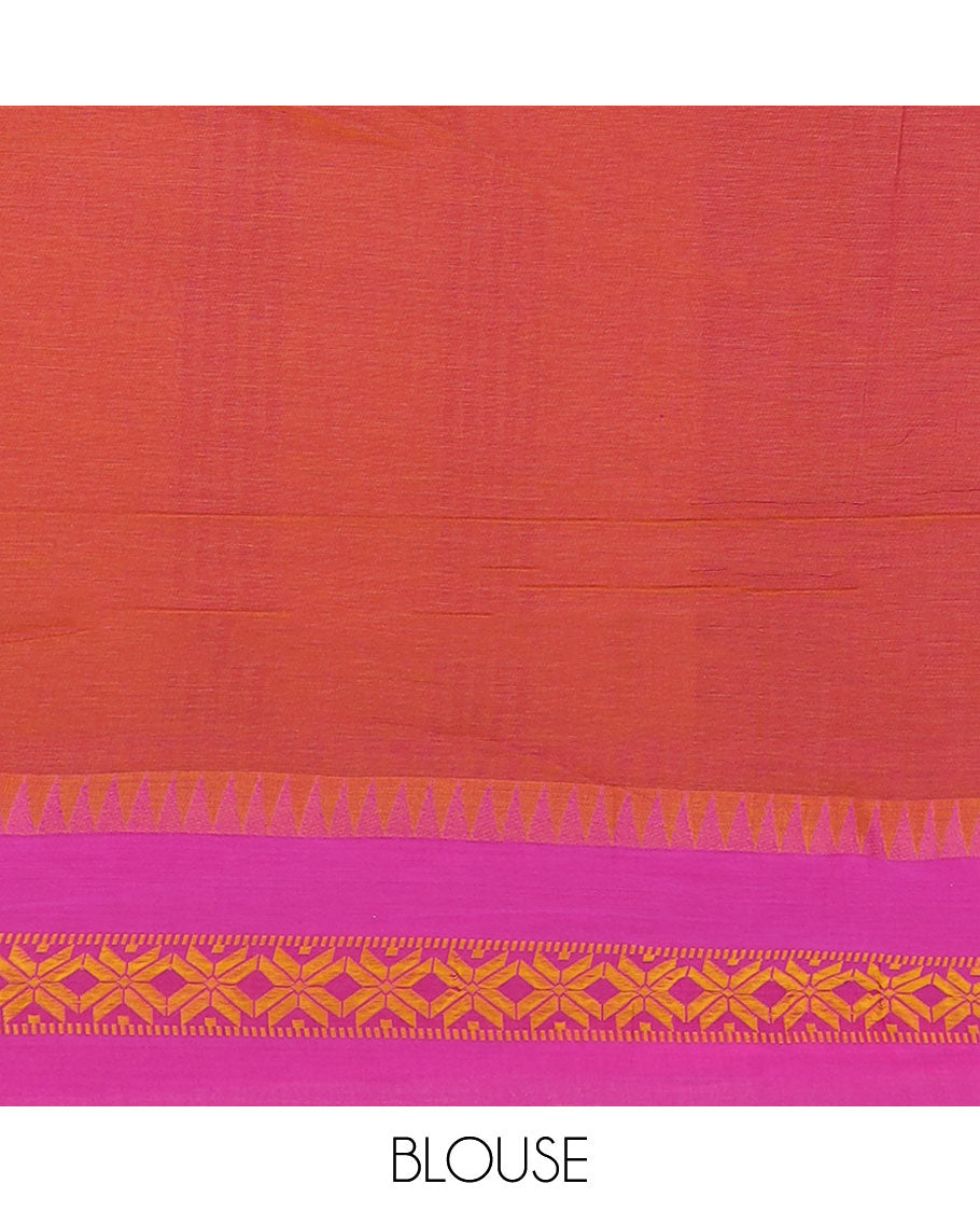 Yellow plain design Kadhi cotton saree, contrast star & temple motifs thread border & striped pallu