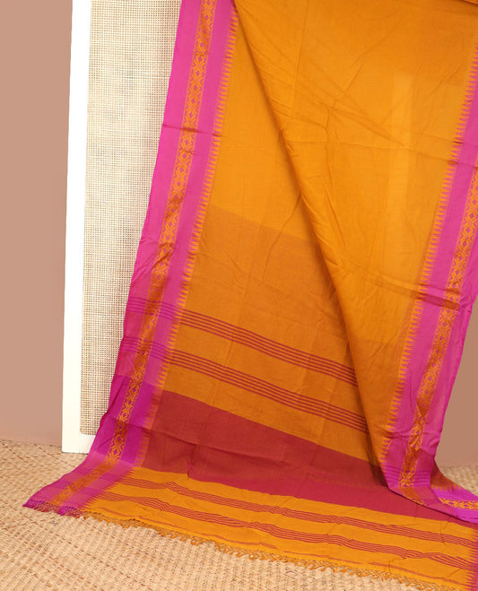 Yellow plain design Kadhi cotton saree, contrast star & temple motifs thread border & striped pallu