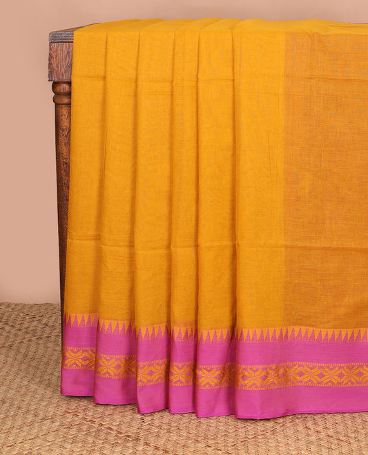 Yellow plain design Kadhi cotton saree, contrast star & temple motifs thread border & striped pallu