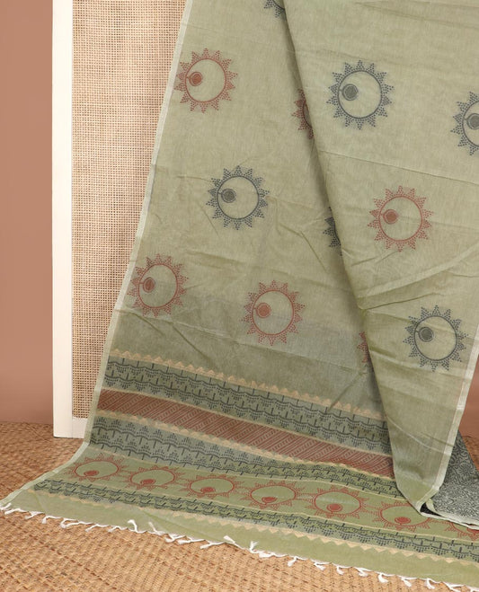 Pale Green circular-buttas Coimbatore cotton saree, piping border & geometric-patterned pallu
