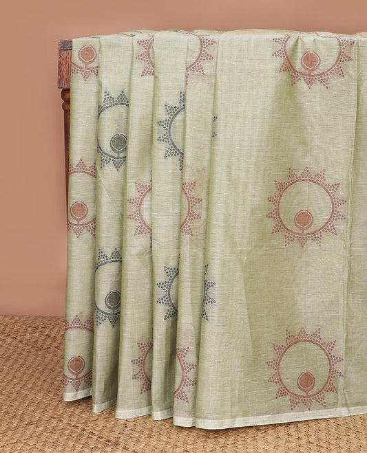 Pale Green circular-buttas Coimbatore cotton saree, piping border & geometric-patterned pallu
