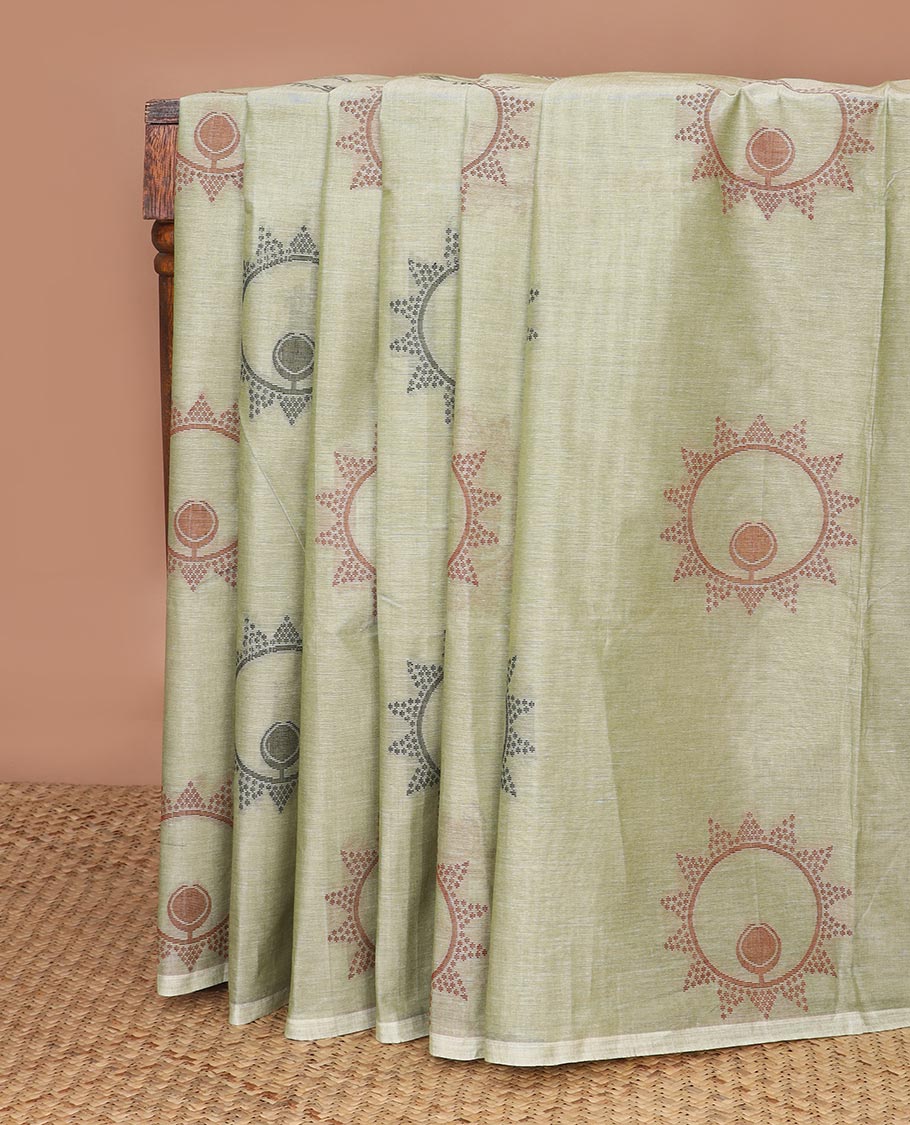 Pale Green circular-buttas Coimbatore cotton saree, piping border & geometric-patterned pallu