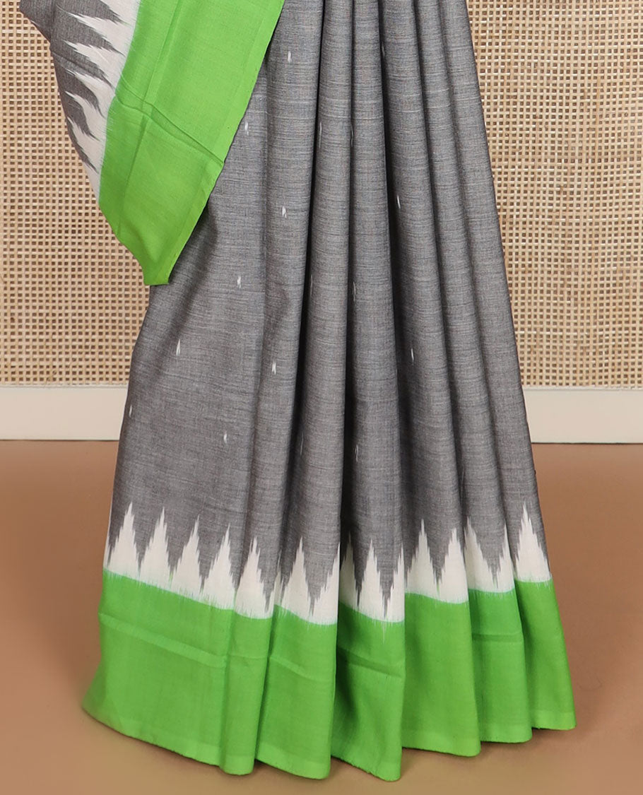Grey buttas ikkat cotton saree, contrast temple plain border & striped pallu