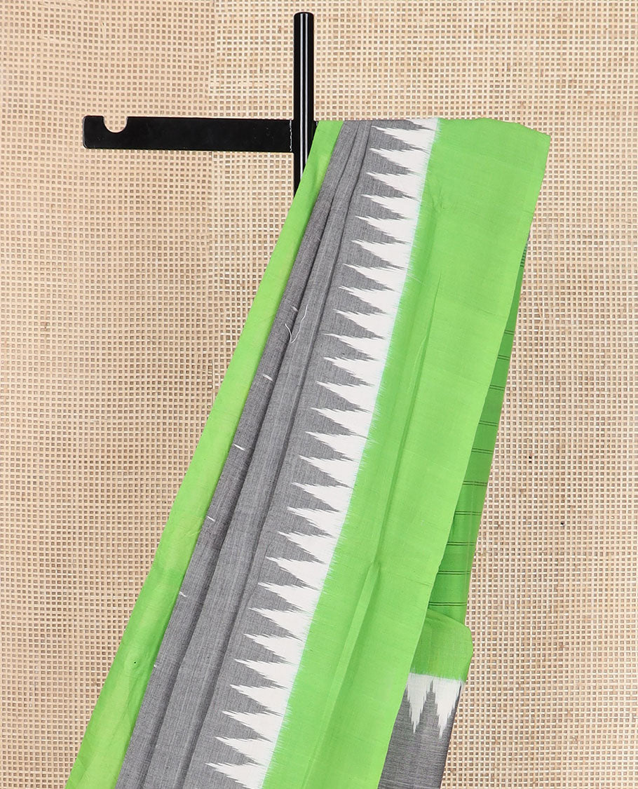 Grey buttas ikkat cotton saree, contrast temple plain border & striped pallu