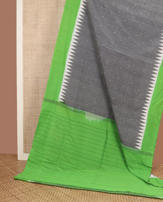 Grey buttas ikkat cotton saree, contrast temple plain border & striped pallu