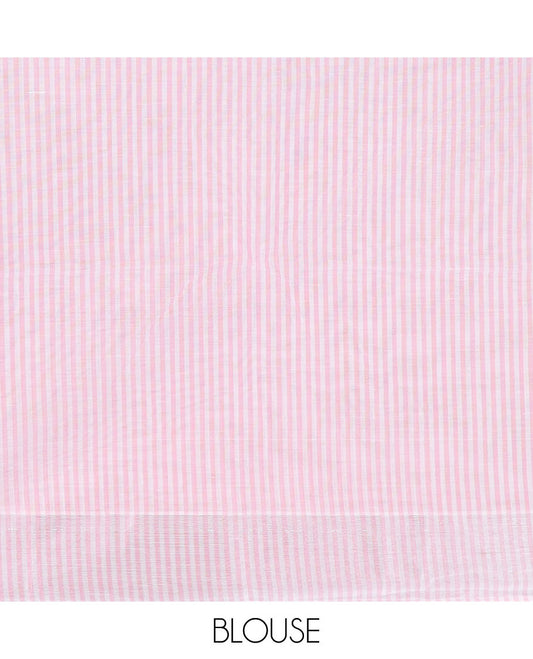 Half-white & baby pink striped jute cotton saree, zari border & striped pallu