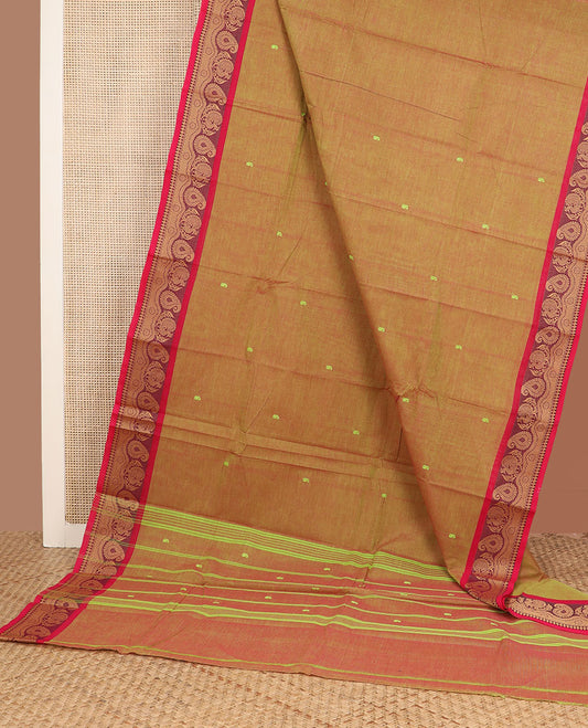 Green buttas Chettinad cotton saree, contrast paisley & peacock design border & pallu of stripes & buttas