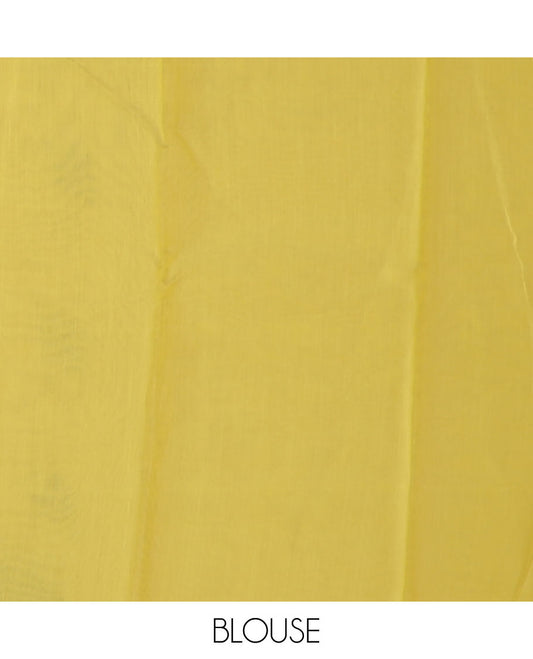 Yellow leaf motifs semisilk cotton saree, leaf motif border, and pallu steeped with leaf motifs