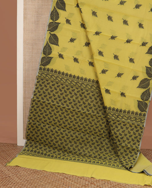 Yellow leaf motifs semisilk cotton saree, leaf motif border, and pallu steeped with leaf motifs