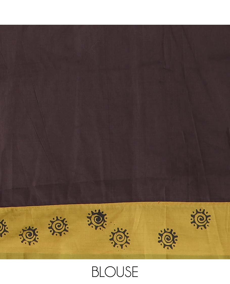 Yellow unique motifs printed poly cotton saree, contrast floral motif block printed border, and block printed motif pallu
