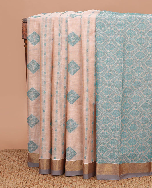 Sandal buttas kanchi cotton saree, contrast zari border, and ogee patterned pallu