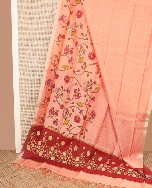 Peach floral vine and Pichwai cow printed chirala cotton saree, plain border, and contrast floral printed pallu