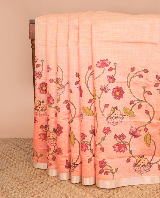 Peach floral vine and Pichwai cow printed chirala cotton saree, plain border, and contrast floral printed pallu