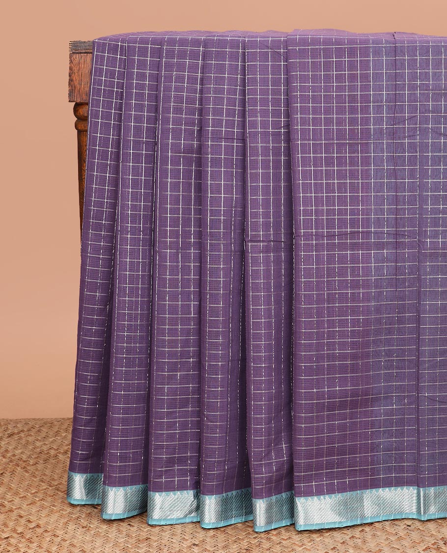 Grape purple checked Mangalgiri cotton saree, contrast traditional border, checked pallu, and a contrast blouse