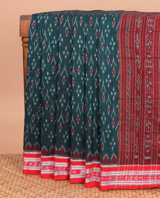 Blue buttas ikkat cotton saree, contrast ikkat border, and pallu of floral ikkat designs