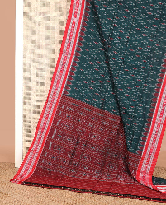Blue buttas ikkat cotton saree, contrast ikkat border, and pallu of floral ikkat designs
