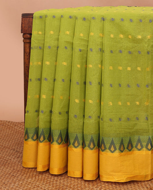 Parrot green buttas Bengal cotton saree, contrast thilakam design border & pallu of stripes & buttas