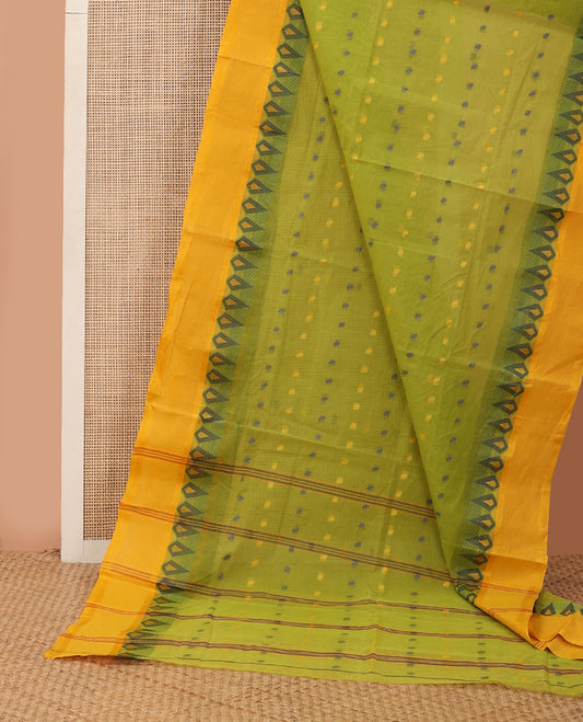 Parrot green buttas Bengal cotton saree, contrast thilakam design border & pallu of stripes & buttas