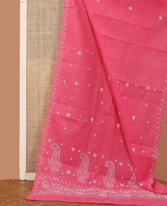 Dark pink embroidered buttas Lucknowi chikankari saree, thread embroidered border, and floral-paisley motifs embroidered pallu