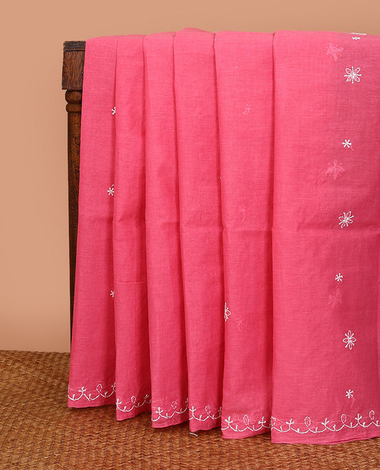 Dark pink embroidered buttas Lucknowi chikankari saree, thread embroidered border, and floral-paisley motifs embroidered pallu