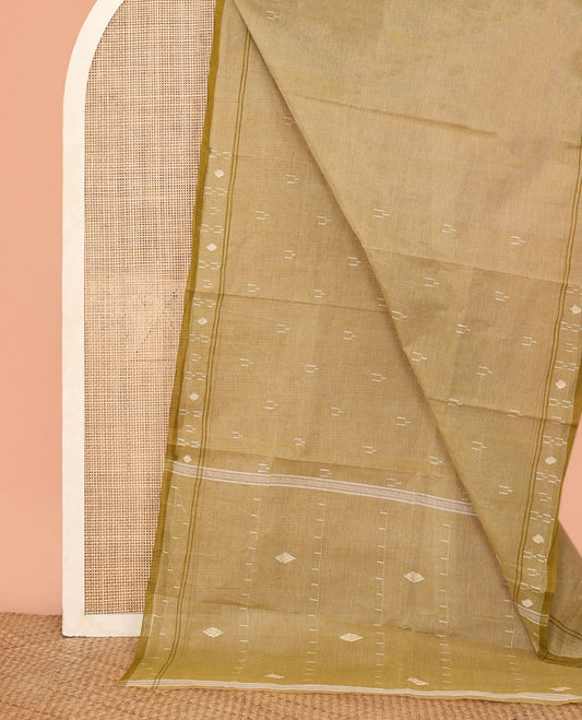 Green Bengal Cotton Saree, Woven with Thread Buttas, a Self-Border, Self-Pallu, and No Blouse