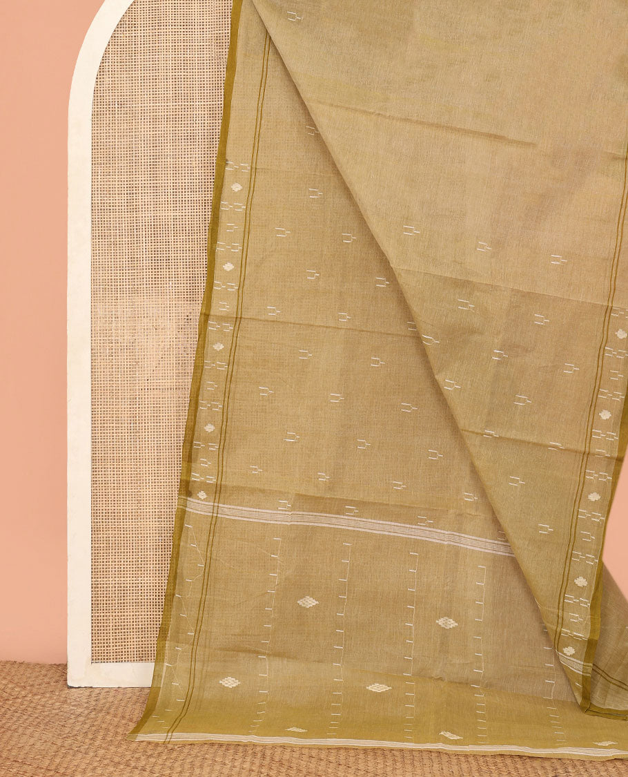 Green Bengal Cotton Saree, Woven with Thread Buttas, a Self-Border, Self-Pallu, and No Blouse