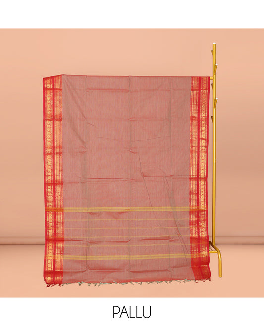 Brown Plain Chettinad Cotton Saree, Complemented by Contrast Traditional Zari Design Varisai Pettu Border, Striped Pallu, and Paired with Matching Blouse