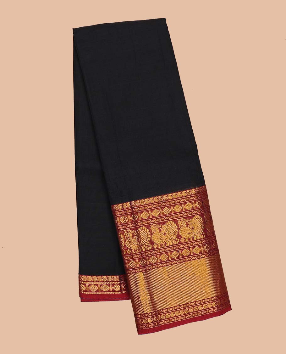 Black plain Narayanapet cotton saree,  contrast traditional design border & striped pallu