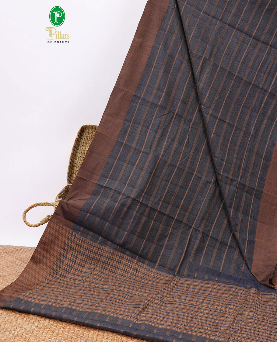 Blue striped semi-banaras tussar saree with contrast border & checked pallu