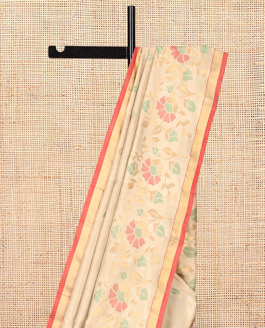 Light Gold Uppada Silksaree, Adorned with Meena Floral Buttas, Contrast Zari Border, and a Plain Blouse