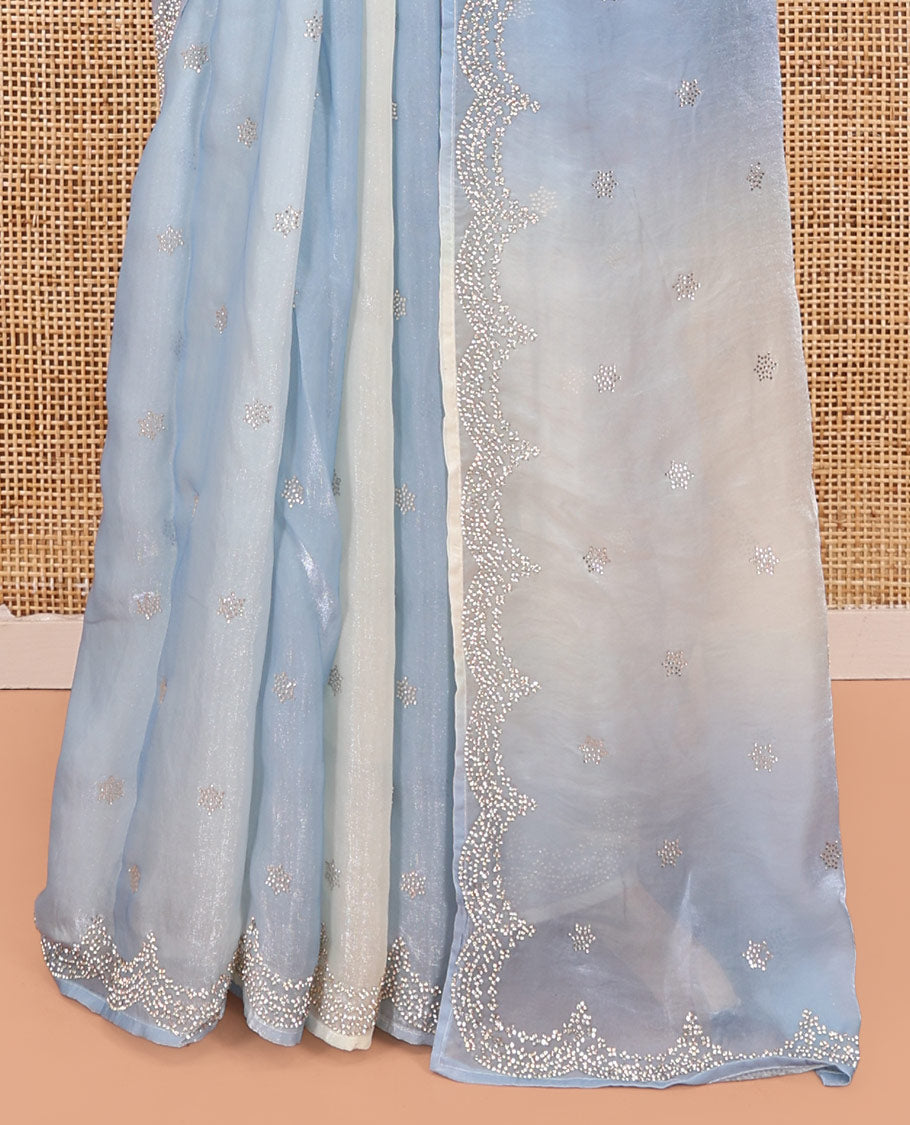 Blue and Cream Designer Saree, Richly Detailed with Stone Work On Its Body, Highlighted by Scallop Stone Work Border, and Paired with a Matching Blouse