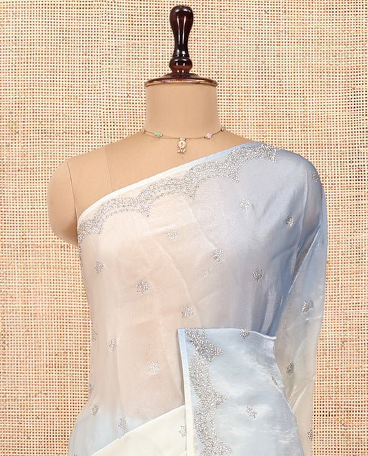 Blue and Cream Designer Saree, Richly Detailed with Stone Work On Its Body, Highlighted by Scallop Stone Work Border, and Paired with a Matching Blouse