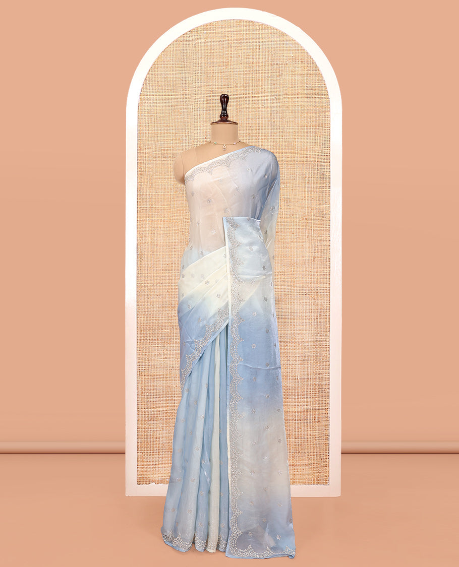 Blue and Cream Designer Saree, Richly Detailed with Stone Work On Its Body, Highlighted by Scallop Stone Work Border, and Paired with a Matching Blouse