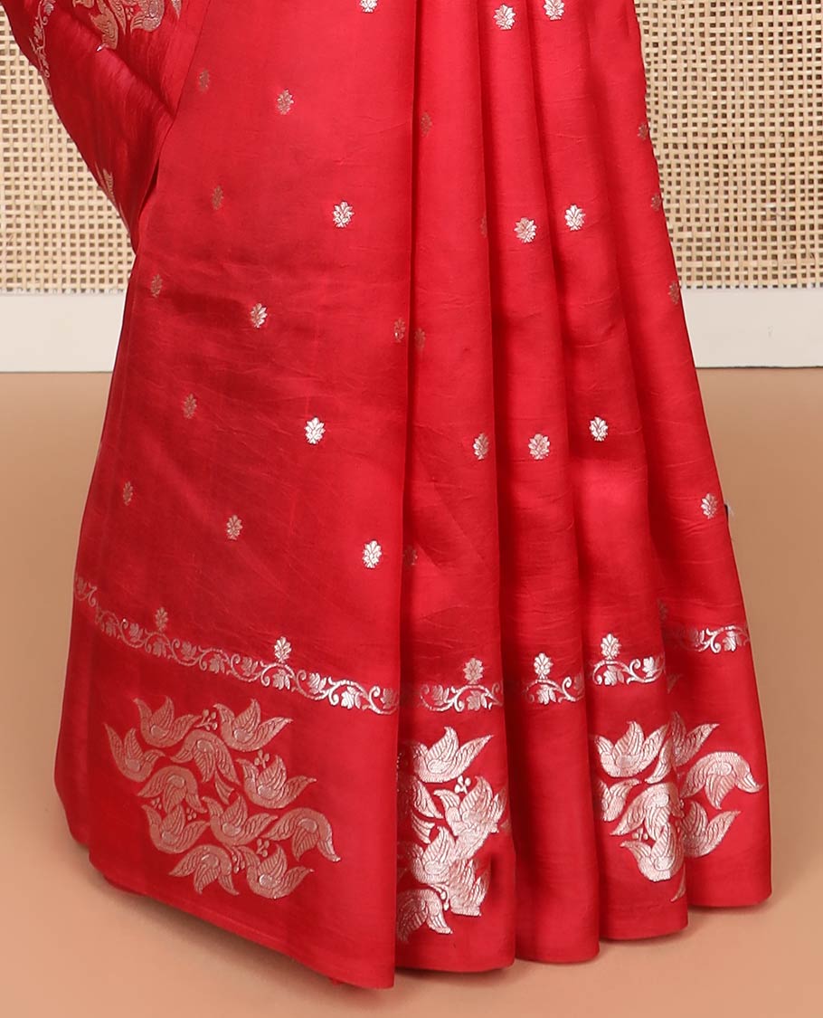 Red floral motifs banaras dupion silk saree with self zari design border & floral design pallu