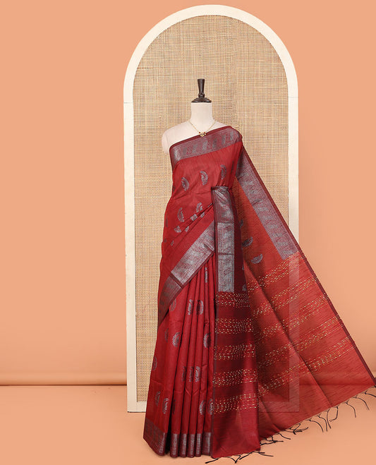 Maroon zari buttas dupion saree, traditional zari design border, and thread striped pallu