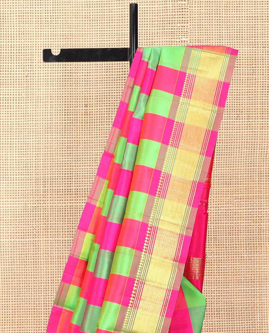 Multi-Color Checked Kanchipuram Silk Saree Features a One-Sided Zari Border of Paneer Sombu, Banaras, Muthu, and Mayil Kann Designs, Zari Design Pallu, and No Blouse