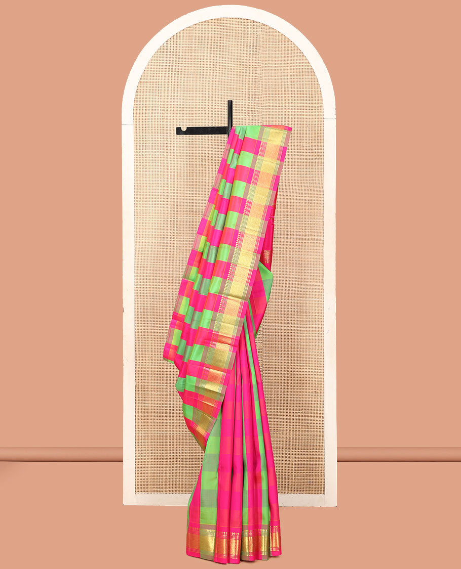 Multi-Color Checked Kanchipuram Silk Saree Features a One-Sided Zari Border of Paneer Sombu, Banaras, Muthu, and Mayil Kann Designs, Zari Design Pallu, and No Blouse